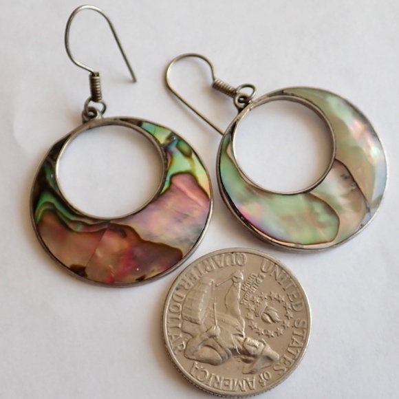 Vintage Mexico Alpaca Inlay Abalone Shell Signed Earrings Hoop Dangle Pierced - Picture 5 of 11